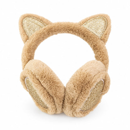 Cache-oreilles en peluche kaki beige à oreilles de chat avec accents pailletés dorés, photo en studio sur fond blanc