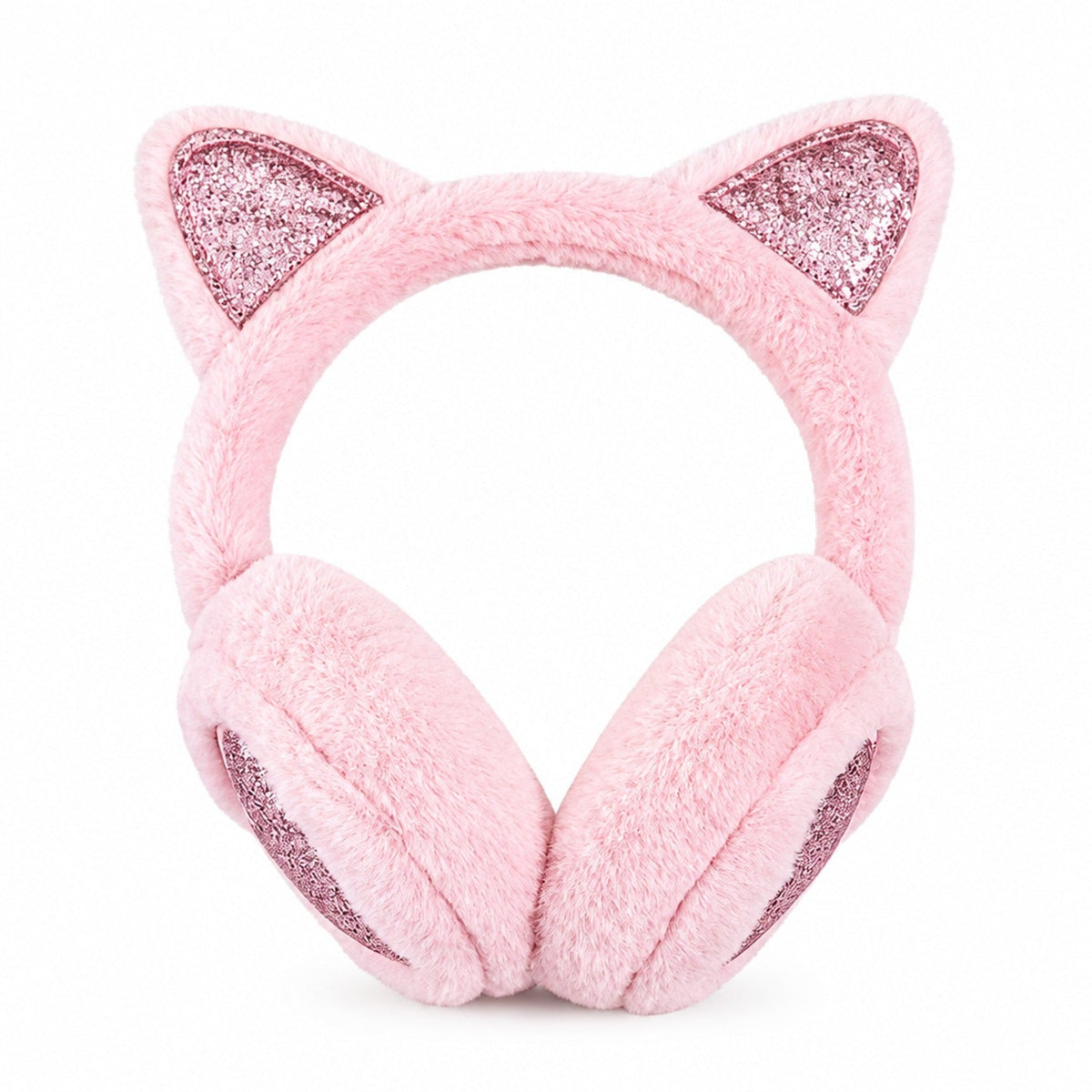 Cache-oreilles en peluche rose à oreilles de chat pailletées avec oreilles triangulaires scintillantes, photo en studio sur fond blanc