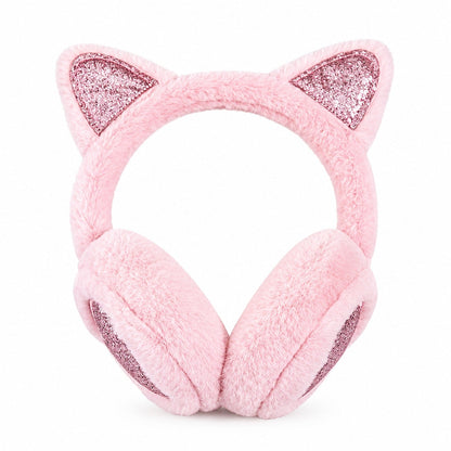 Cache-oreilles en peluche rose à oreilles de chat pailletées avec oreilles triangulaires scintillantes, photo en studio sur fond blanc