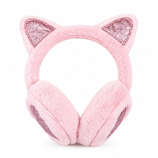 Cache-oreilles en peluche rose à oreilles de chat pailletées avec oreilles triangulaires scintillantes, photo en studio sur fond blanc