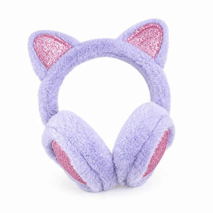 Cache-oreilles en peluche violet lavande à oreilles de chat avec accents pailletés roses, photo en studio sur fond blanc