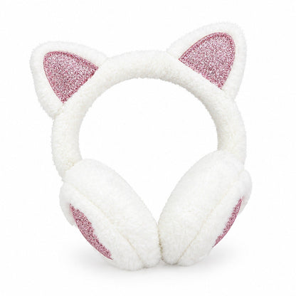 Cache-oreilles en peluche blanc à oreilles de chat avec accents pailletés roses, photo en studio sur fond blanc