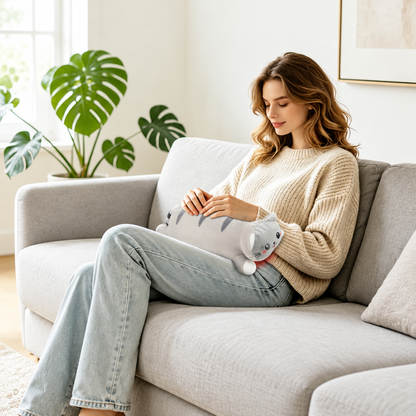 Personne se relaxant sur un canapé avec le coussin chat chauffant posé sur les genoux