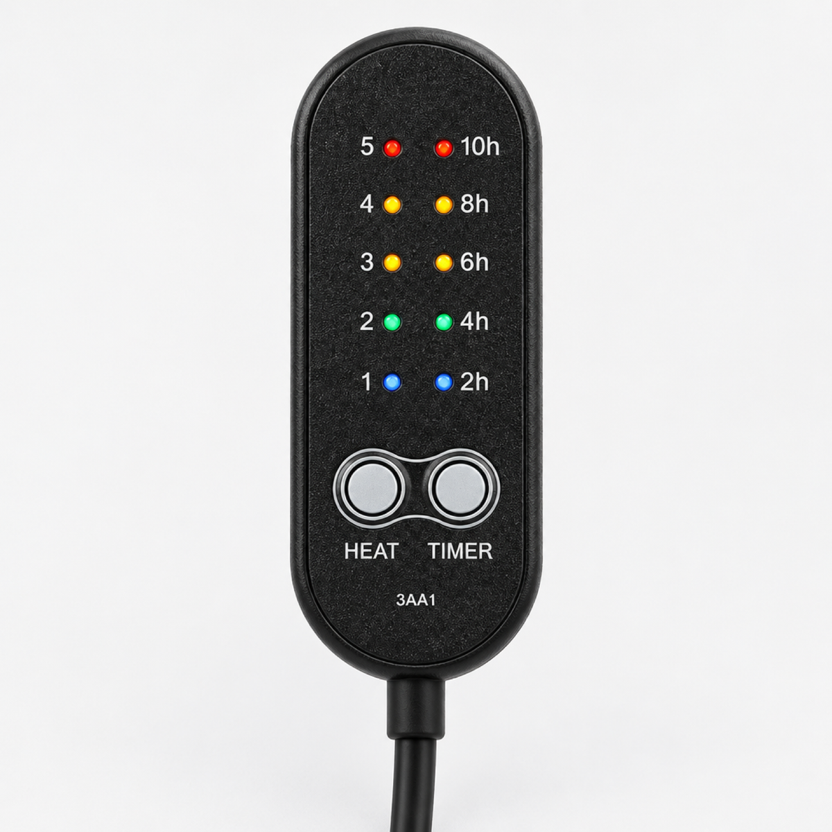 Gros plan de la télécommande filaire du coussin chat chauffant montrant les voyants des 5 niveaux de chaleur et 5 minuteries