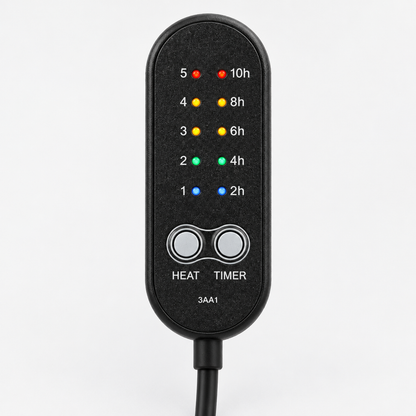 Gros plan de la télécommande filaire du coussin chat chauffant montrant les voyants des 5 niveaux de chaleur et 5 minuteries