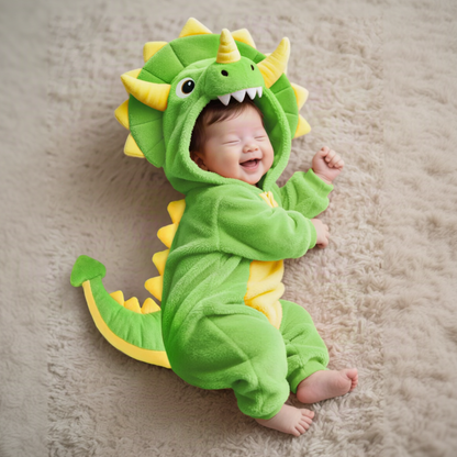 Bébé portant la barboteuse dinosaure verte à capuche, photo lifestyle sur un tapis