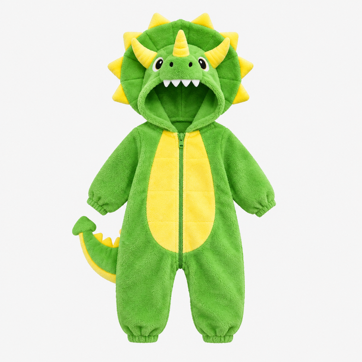 Barboteuse dinosaure verte à capuche, photo studio produit seul sur fond blanc