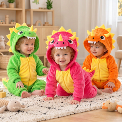 Barboteuses bébé dinosaure à capuche, photo lifestyle en trois couleurs