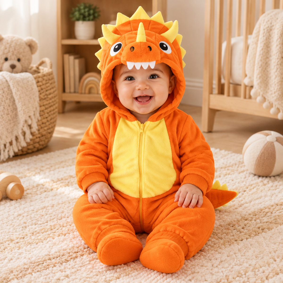 Bébé portant la barboteuse dinosaure orange à capuche dans une chambre douillette