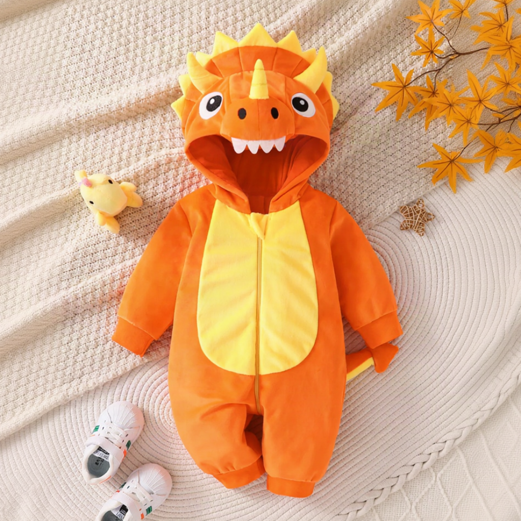 Barboteuse dinosaure orange à capuche, photo produit à plat