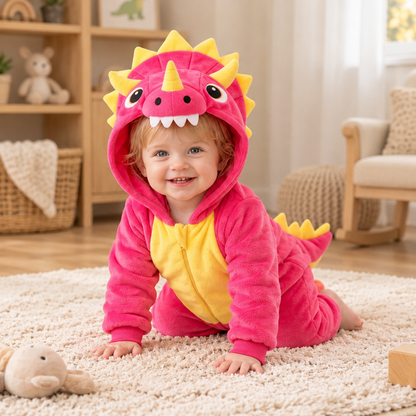 Bébé portant la barboteuse dinosaure rose à capuche dans une chambre douillette