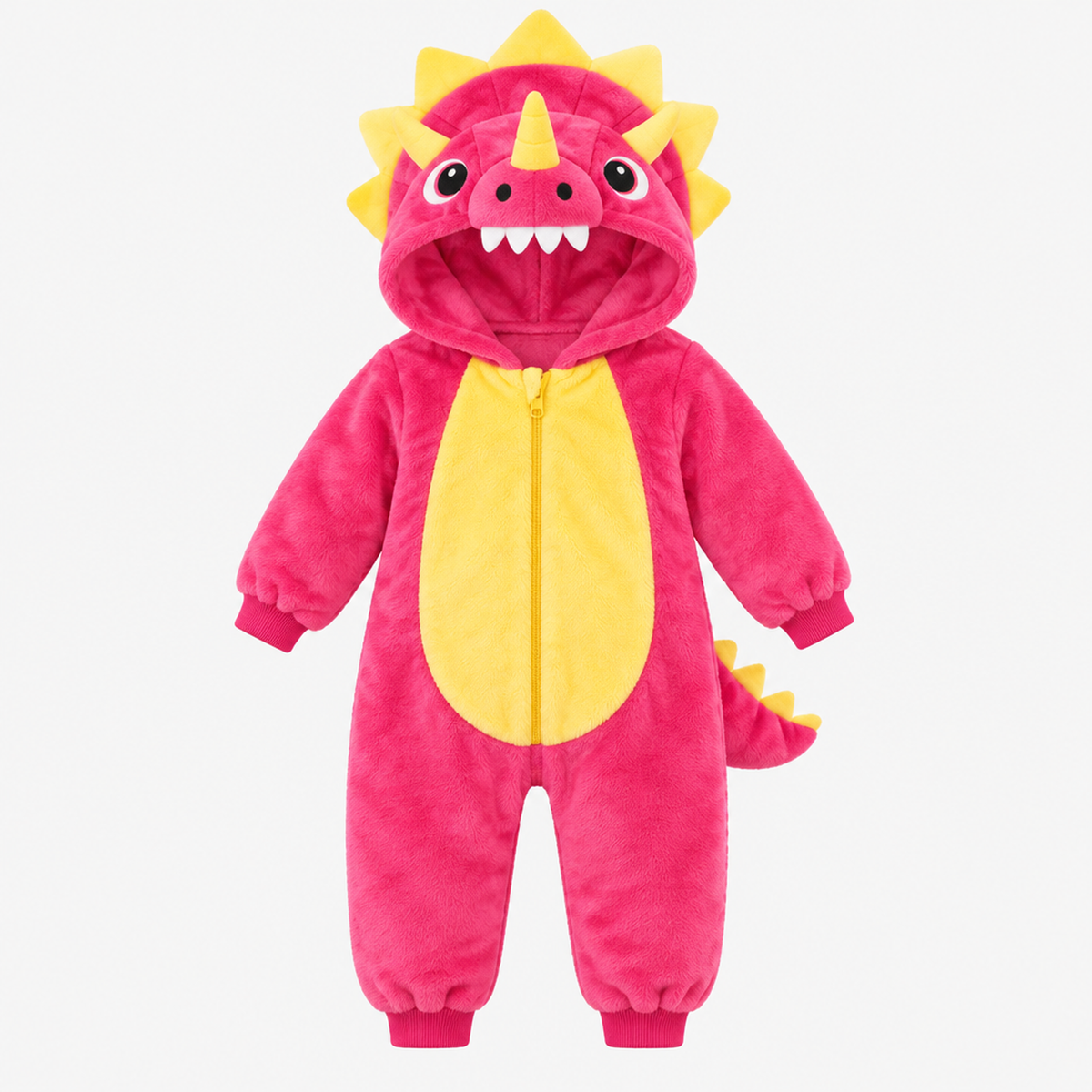 Barboteuse dinosaure rose à capuche, photo studio produit seul sur fond blanc