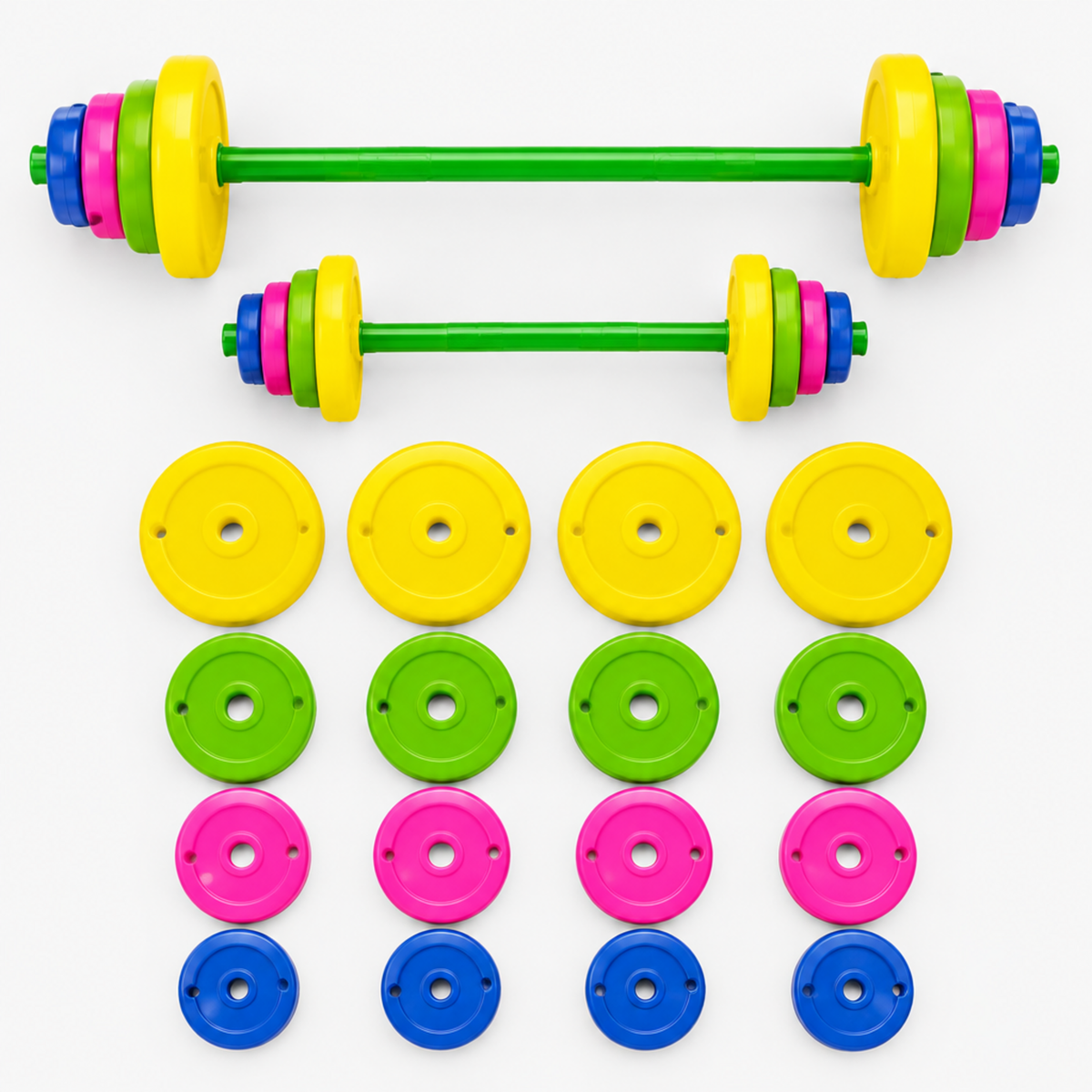 Vue à plat du set complet de fitness jouet pour enfants avec barre, haltère et disques de poids