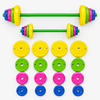 Vue à plat du set complet de fitness jouet pour enfants avec barre, haltère et disques de poids