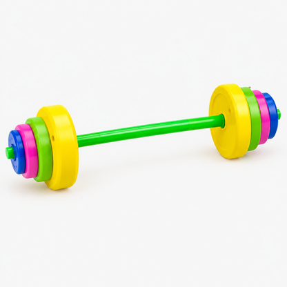 Barre de fitness jouet pour enfants avec disques de poids colorés, photo studio sur fond neutre