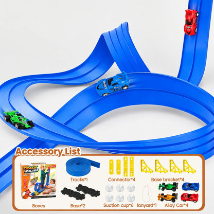 Circuit voiture flexible bleu avec liste du contenu : piste, 4 voitures en alliage, ventouses, connecteurs et supports