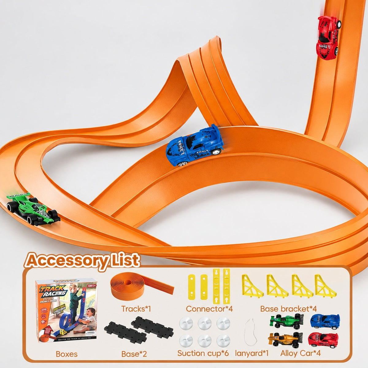 Circuit voiture flexible orange avec liste du contenu : piste, 4 voitures en alliage, ventouses, connecteurs et supports