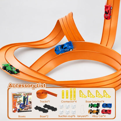 Circuit voiture flexible orange avec liste du contenu : piste, 4 voitures en alliage, ventouses, connecteurs et supports