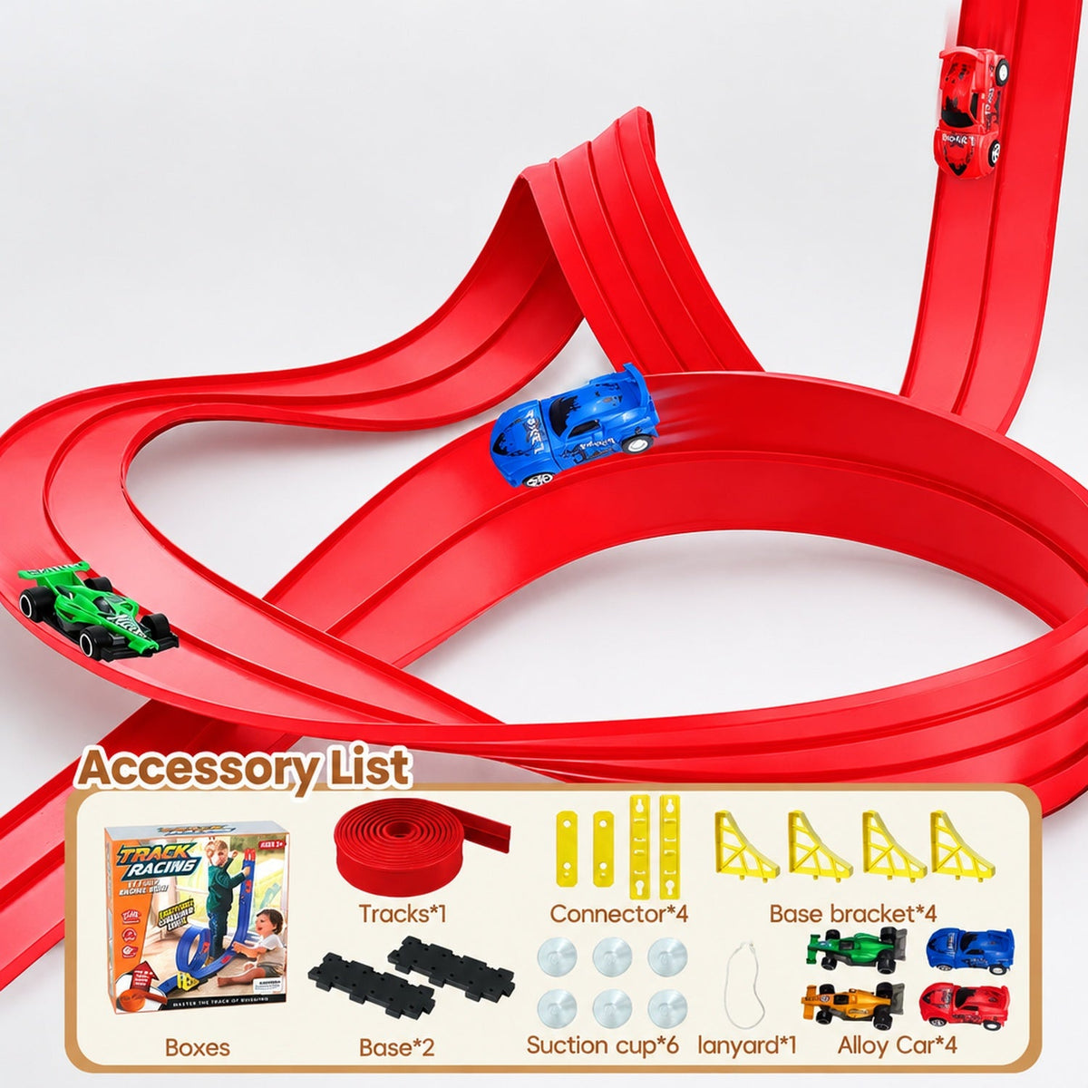 Circuit voiture flexible rouge avec liste du contenu : piste, 4 voitures en alliage, ventouses, connecteurs et supports