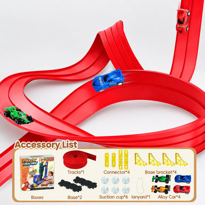 Circuit voiture flexible rouge avec liste du contenu : piste, 4 voitures en alliage, ventouses, connecteurs et supports