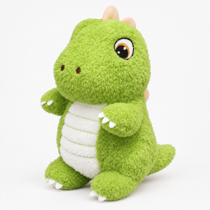 Peluche dinosaure verte taille moyenne 35 cm, ventre clair et pics dorsaux doux
