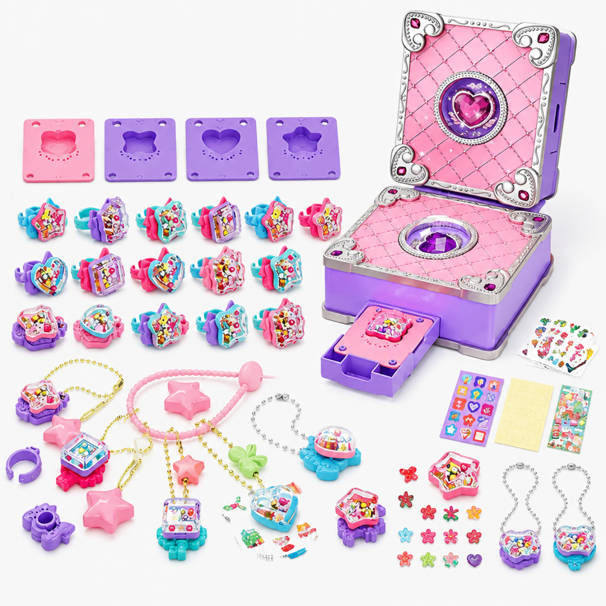Kit de bijoux magiques pour enfants - ensemble complet de charms, bagues, moules et coffret de rangement en forme de cœur