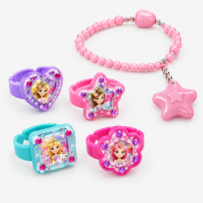Gros plan sur des bagues et un bracelet finis, assemblés à partir du kit de bijoux