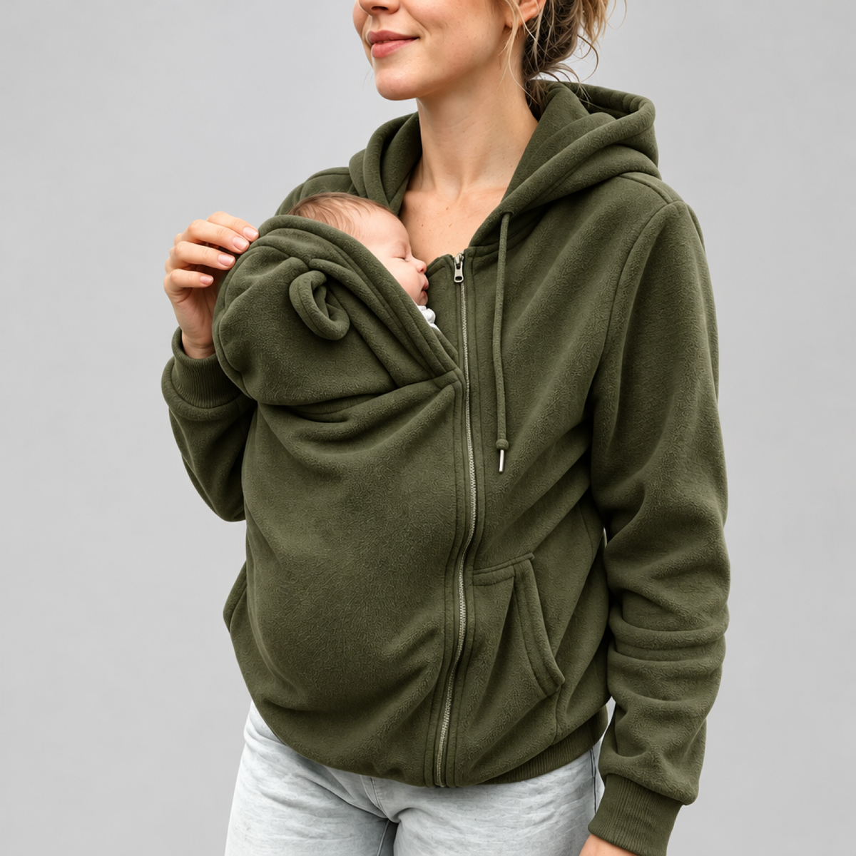 Femme portant le sweat de portage kangourou polaire vert kaki, poche zippée ouverte avec un nouveau-né installé à l'intérieur