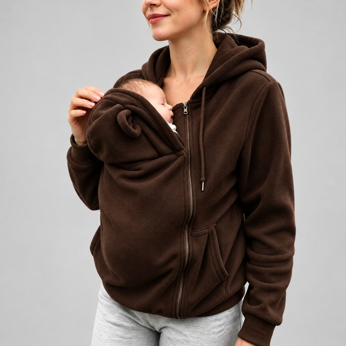 Femme portant le sweat de portage kangourou polaire marron, poche zippée ouverte avec un nouveau-né installé à l'intérieur