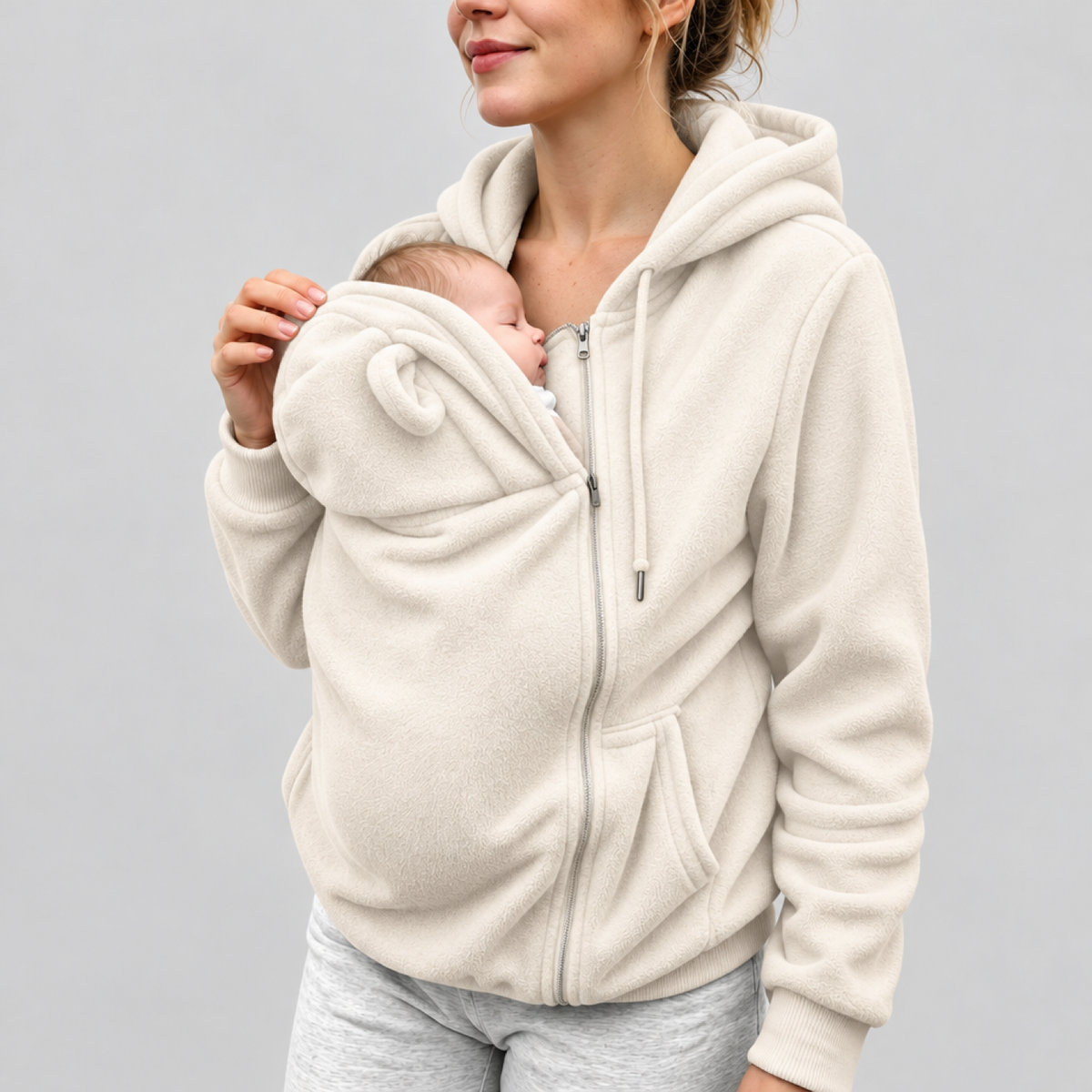 Femme portant le sweat de portage kangourou polaire crème, poche zippée ouverte avec un nouveau-né installé à l'intérieur