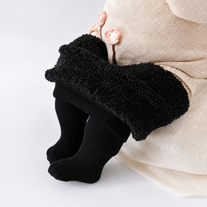 Collants thermiques enfant côtelés noirs doublés polaire avec pieds intégrés, vue de face à plat