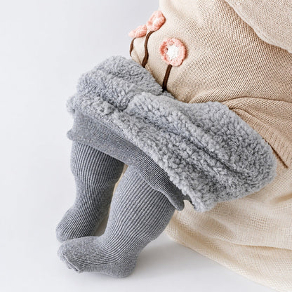 Collants thermiques enfant côtelés gris doublés polaire avec pieds intégrés, vue de face à plat