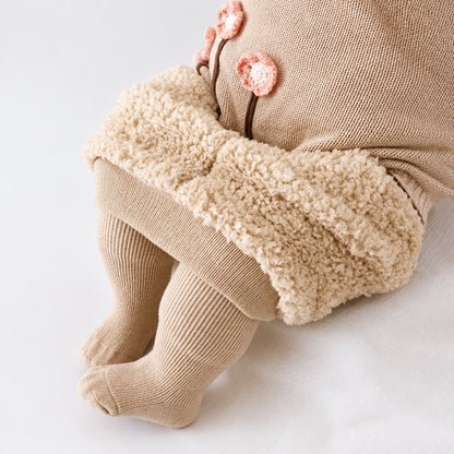 Collants thermiques enfant côtelés camel doublés polaire avec pieds intégrés, vue de face à plat