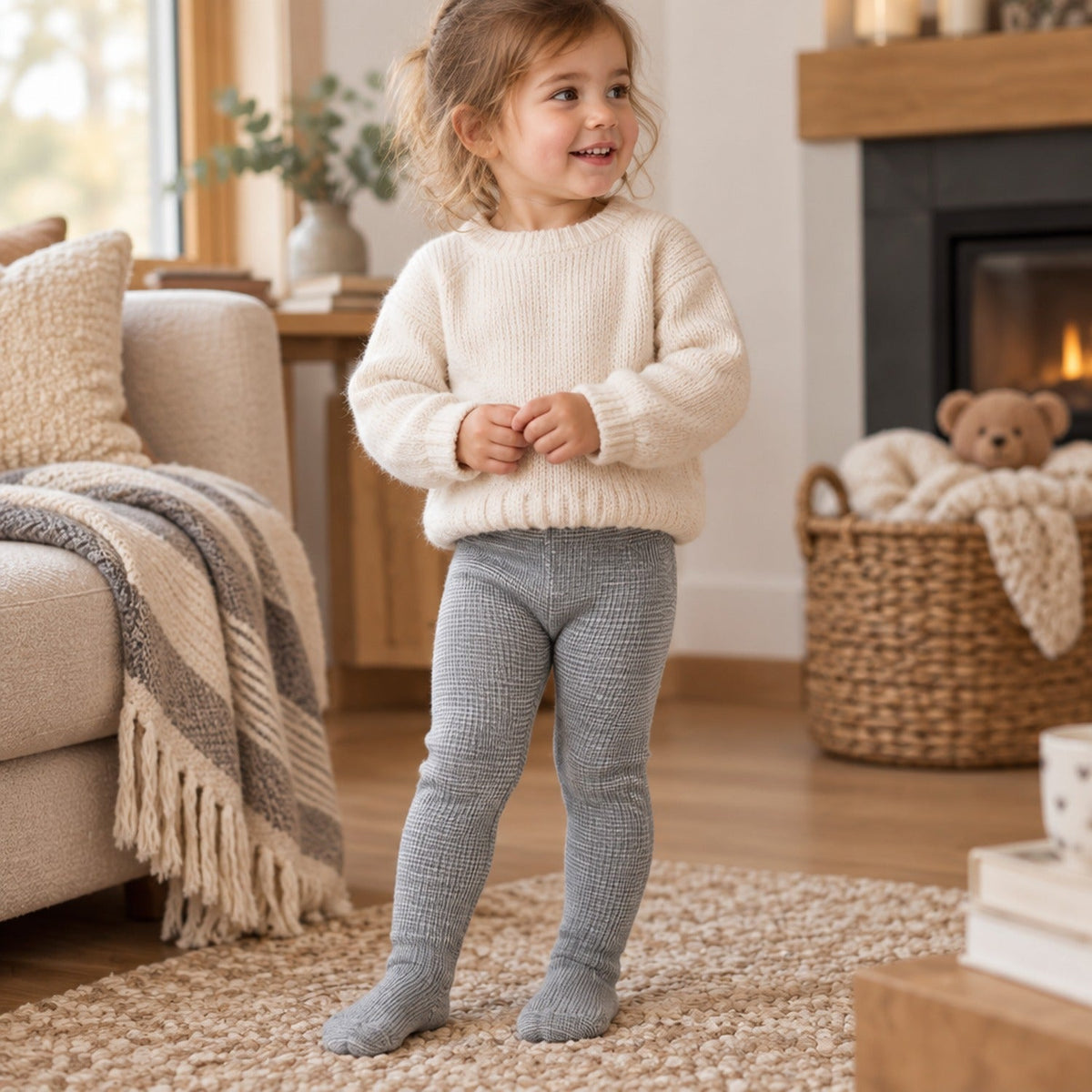 Enfant portant des collants thermiques côtelés doublés polaire à la maison en hiver