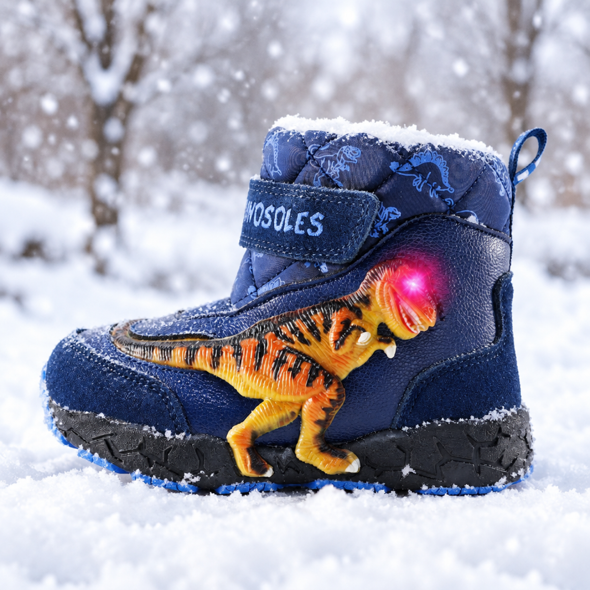 Botte de neige enfant LED lumineuse avec semelle allumée, debout à l'extérieur dans la neige