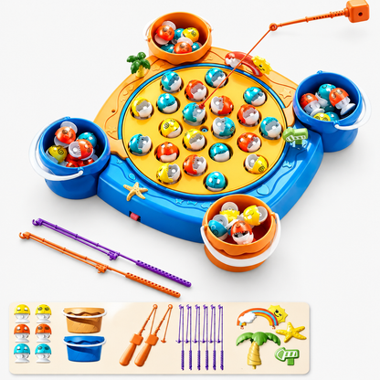 Jeu de pêche magnétique musical bleu avec étang rotatif, poissons, seaux et deux cannes, photo studio sur fond blanc