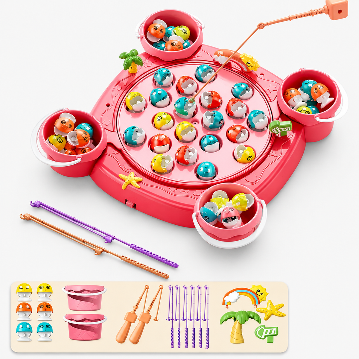 Jeu de pêche magnétique musical rose avec étang rotatif, poissons, seaux et deux cannes, photo studio sur fond blanc