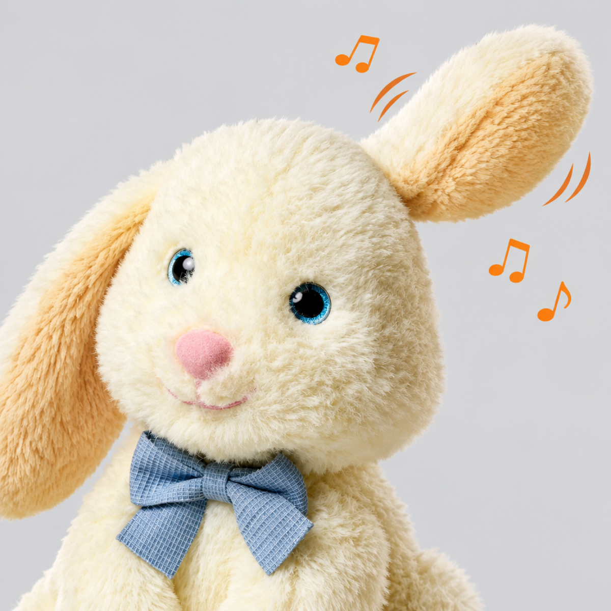 Gros plan sur l'oreille mobile et la fonction chantante de la peluche lapin interactive, avec des icônes de notes de musique illustrant la fonction sonore