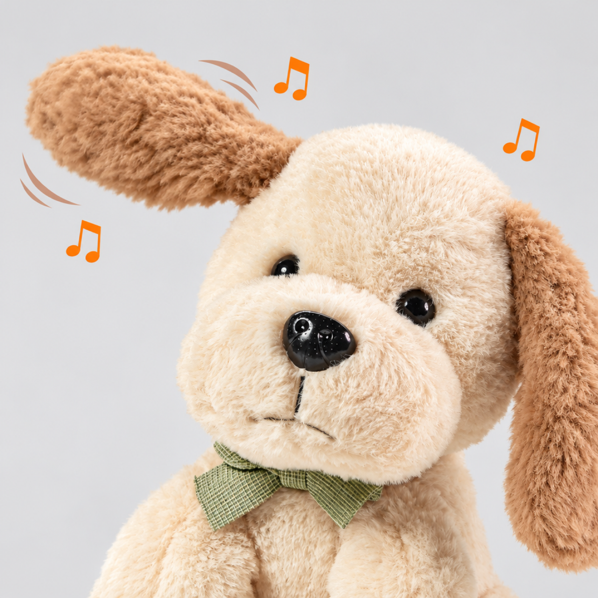 Gros plan sur l'oreille mobile et la fonction chantante de la peluche chien interactive, avec des icônes de notes de musique illustrant la fonction sonore