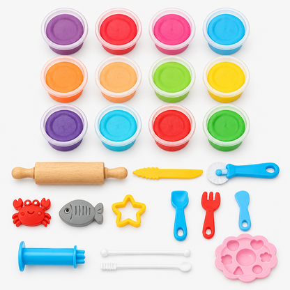 Vue à plat des 12 couleurs de pâte à modeler et des accessoires du coffret créatif
