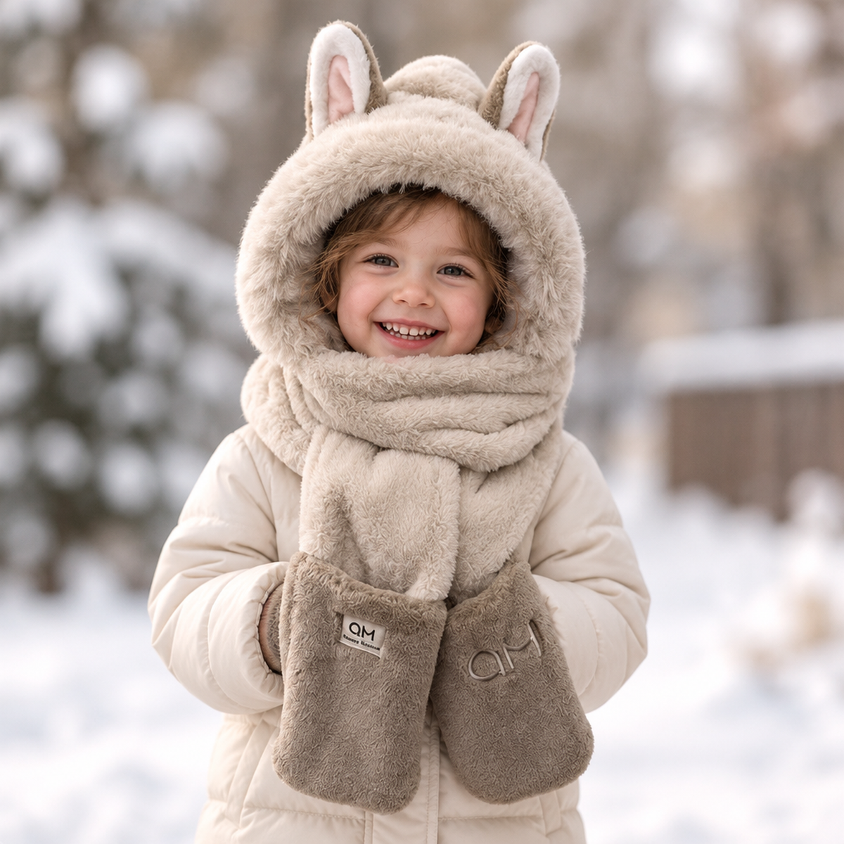 Enfant portant une écharpe-capuche en peluche beige en extérieur, photo lifestyle