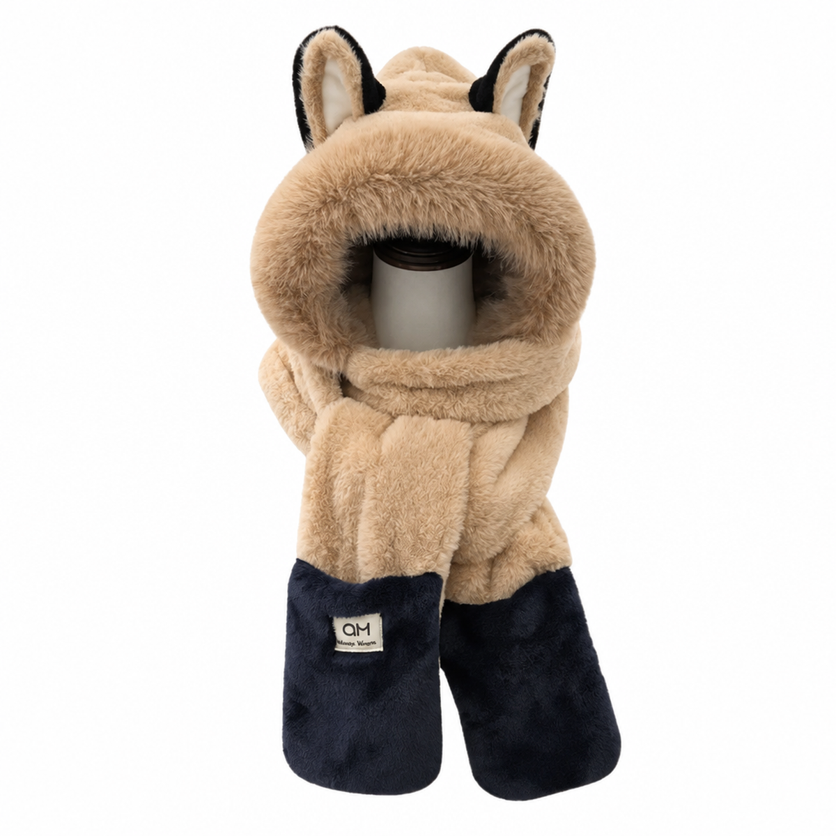 Écharpe-capuche enfant en peluche camel et bleu marine, deuxième vue studio