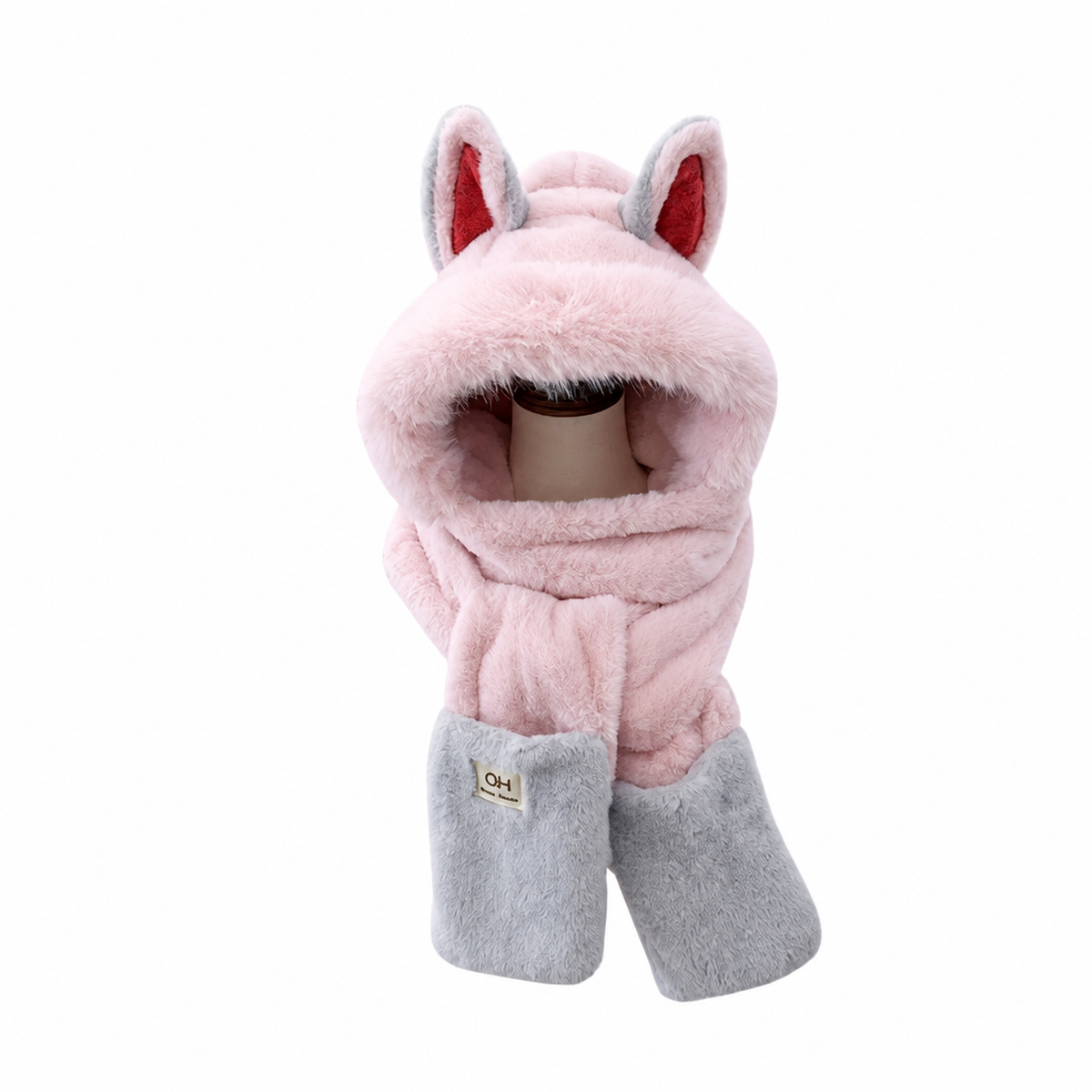 Écharpe-capuche enfant en peluche rose et grise, deuxième vue studio