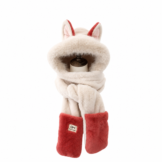 Écharpe-capuche enfant en peluche crème et rouge, deuxième vue studio