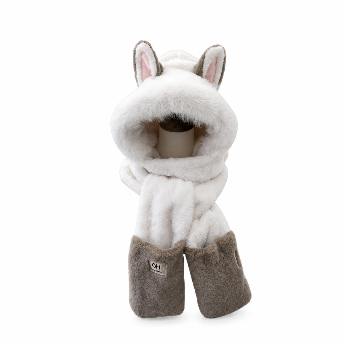 Écharpe-capuche enfant en peluche blanche et taupe, deuxième vue studio