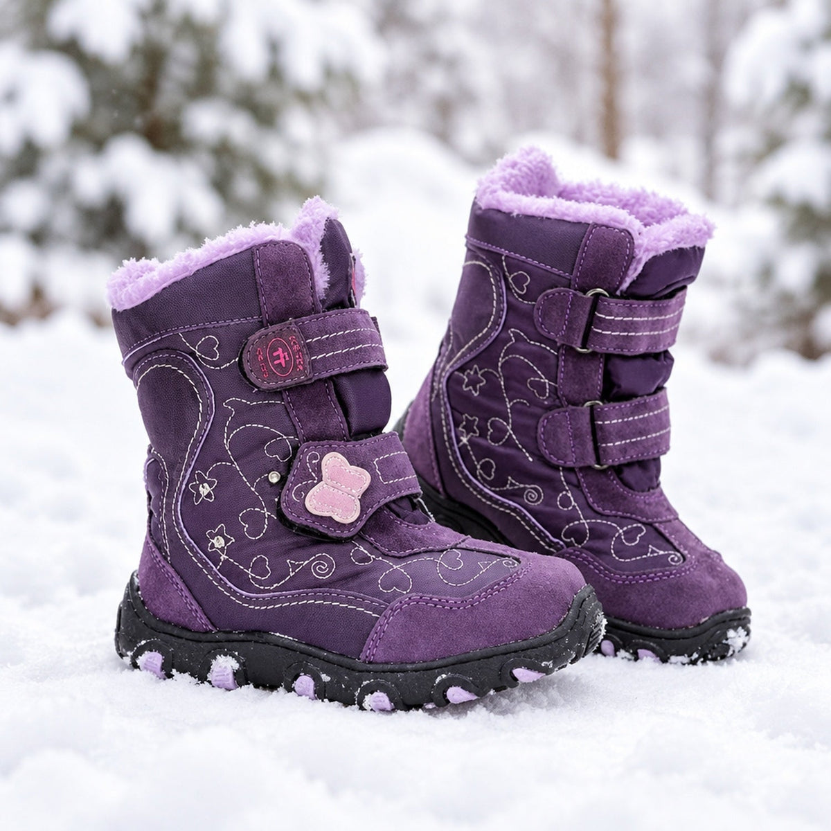 Enfant portant des bottes de neige violettes à imprimé papillon, en extérieur dans la neige
