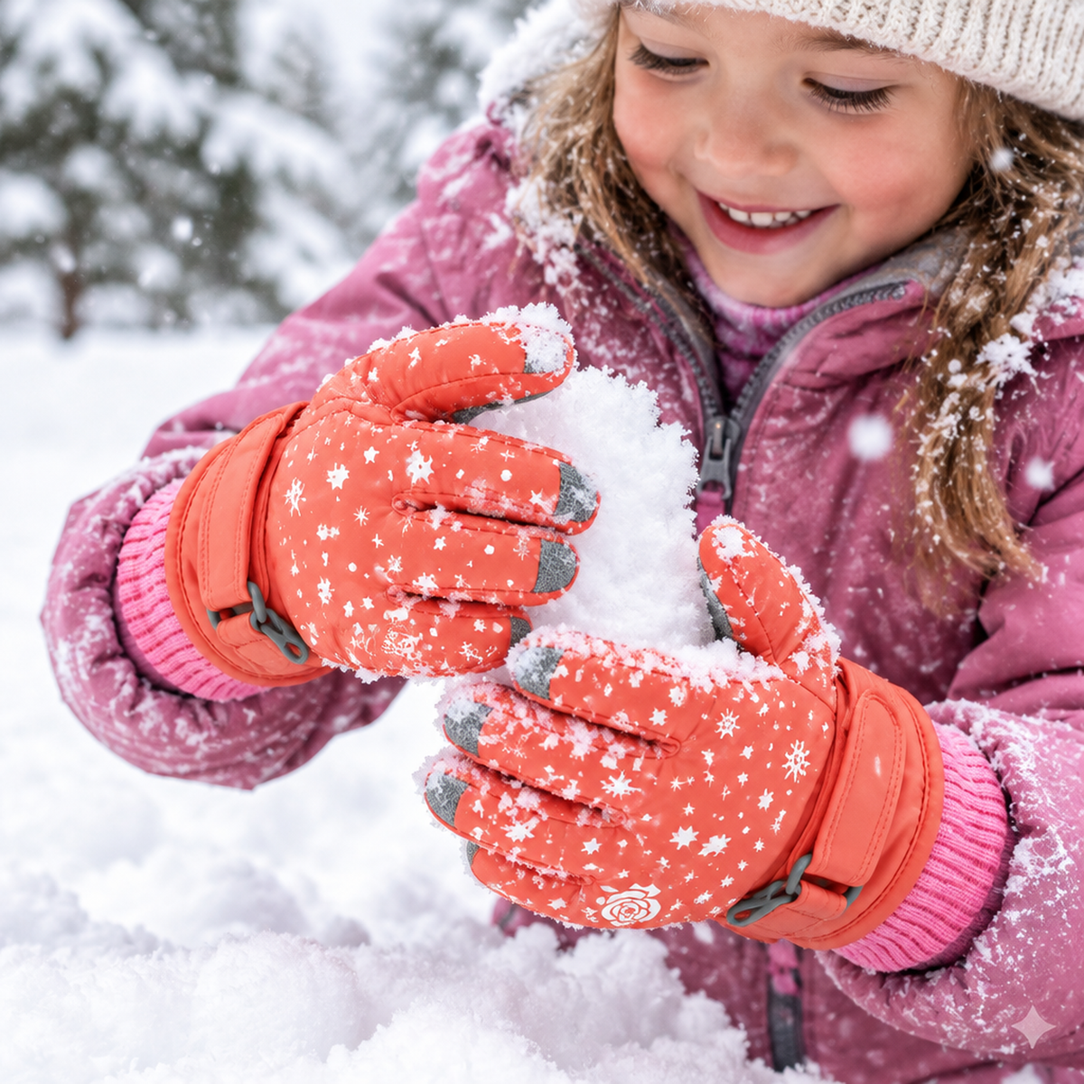 Enfant portant des gants de ski imperméables orange en jouant à l'extérieur dans la neige