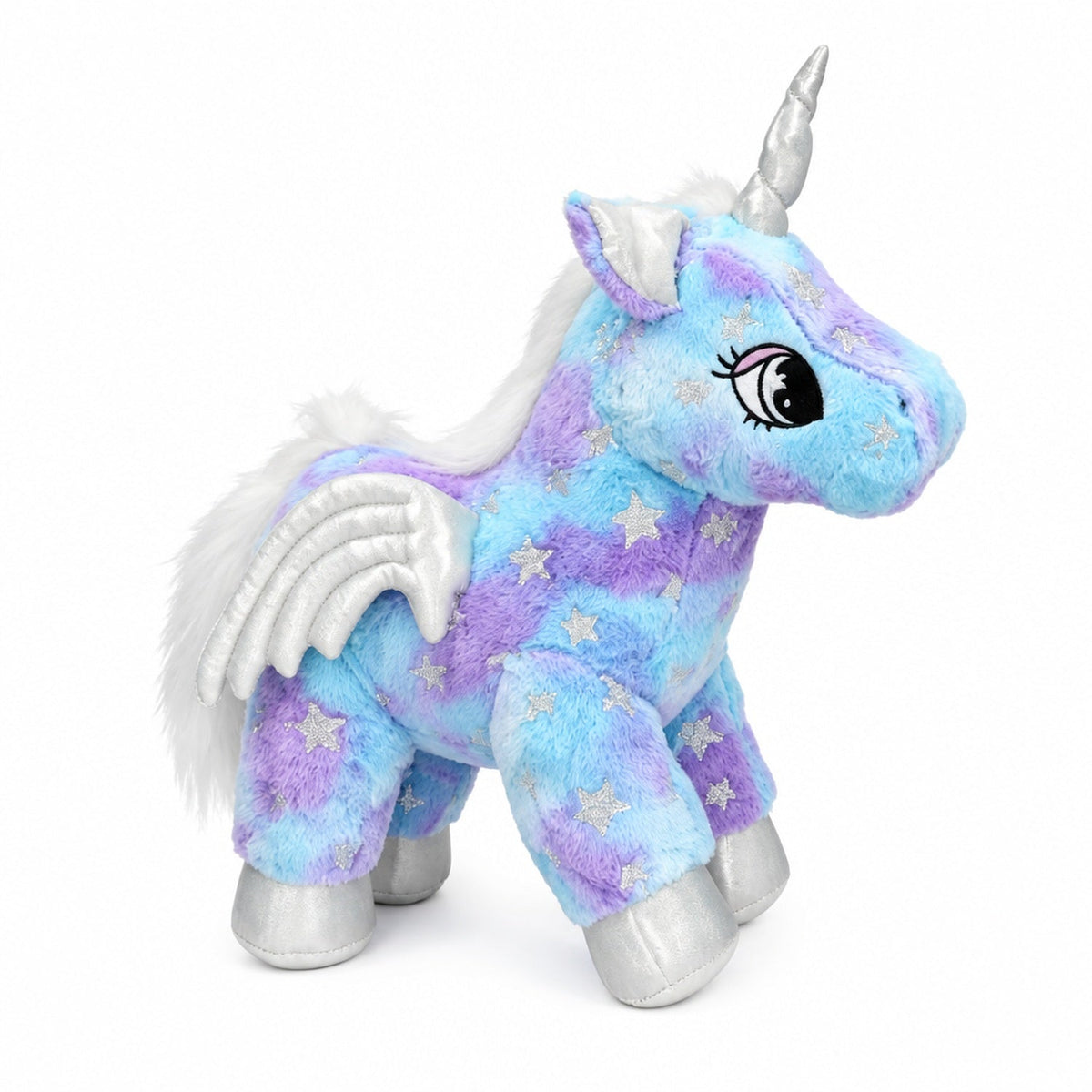 Peluche licorne bleue avec ailes argentées scintillantes et détails étoilés, photo studio sur fond blanc