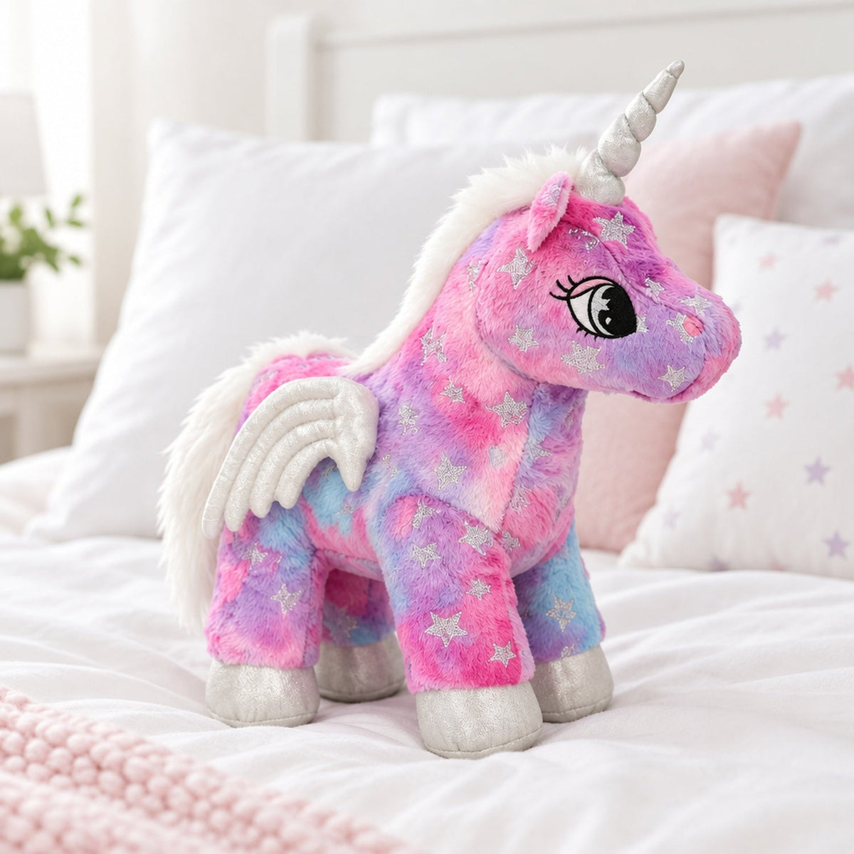 Peluche licorne rose aux ailes argentées posée sur un lit parmi des coussins, compagnon câlin pour le coucher
