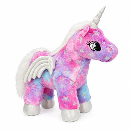 Peluche licorne rose avec ailes argentées scintillantes et détails étoilés, photo studio sur fond blanc